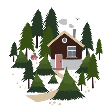 Wooden house in the coniferous forest.