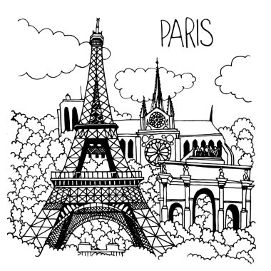 Paris simgelerinin elle çizilmiş illüstrasyon.