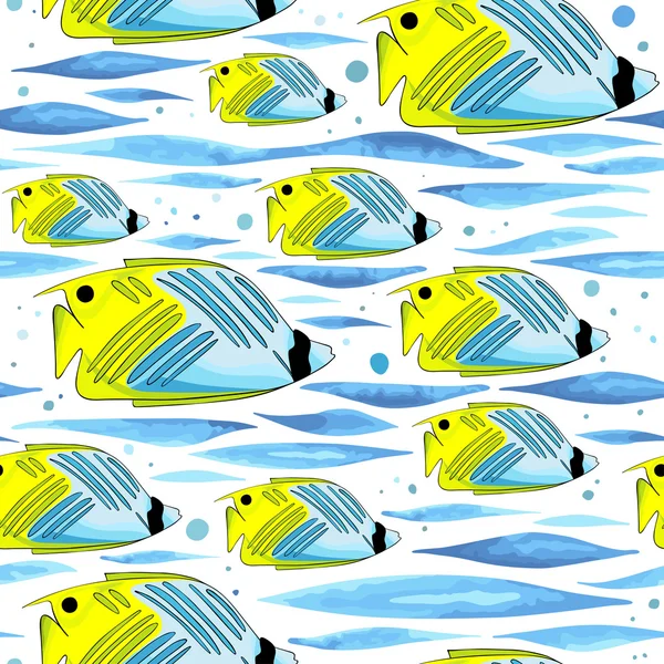 Pattern with funny fishes, waves and bubbles. — Stock Vector