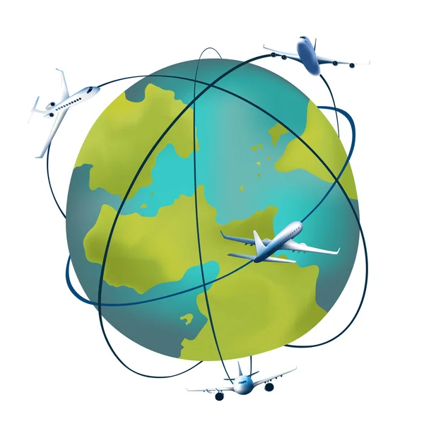 Planète terrestre avec des avions autour — Image vectorielle