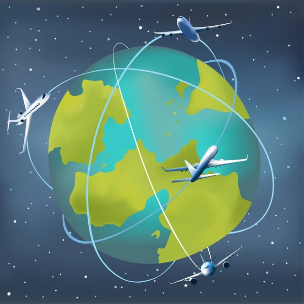 Etrafında uçaklar ile Dünya gezegeni — Stok Vektör