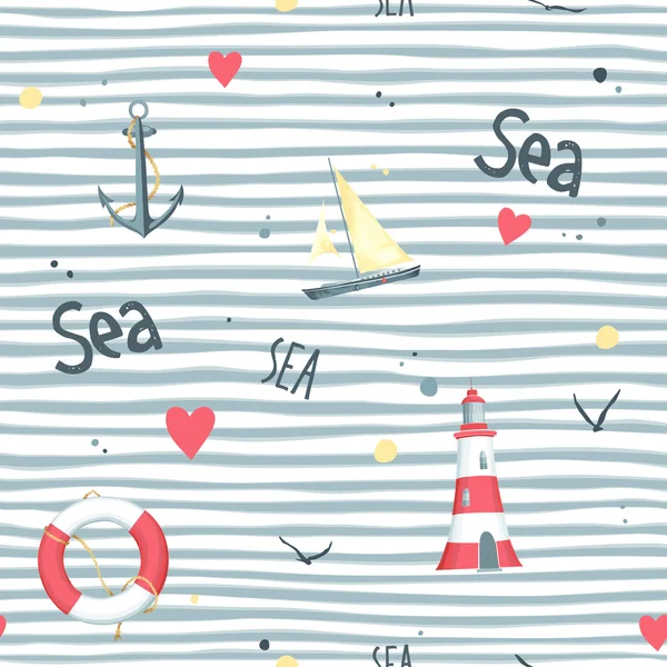 Desen yelkenli, deniz feneri lifebuoy, çapa — Stok Vektör