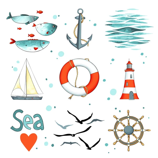 Sea set of 9 nautical elements — Stock Vector