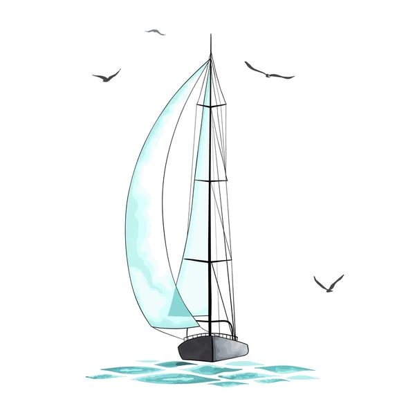Zeilboot in de zee en de meeuwen — Stockvector