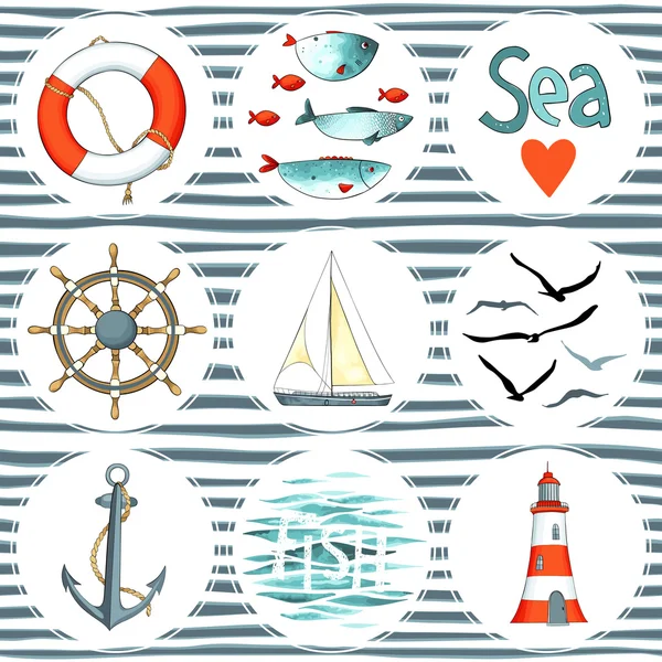 Sea set of 9 nautical elements isolated — Stock Vector