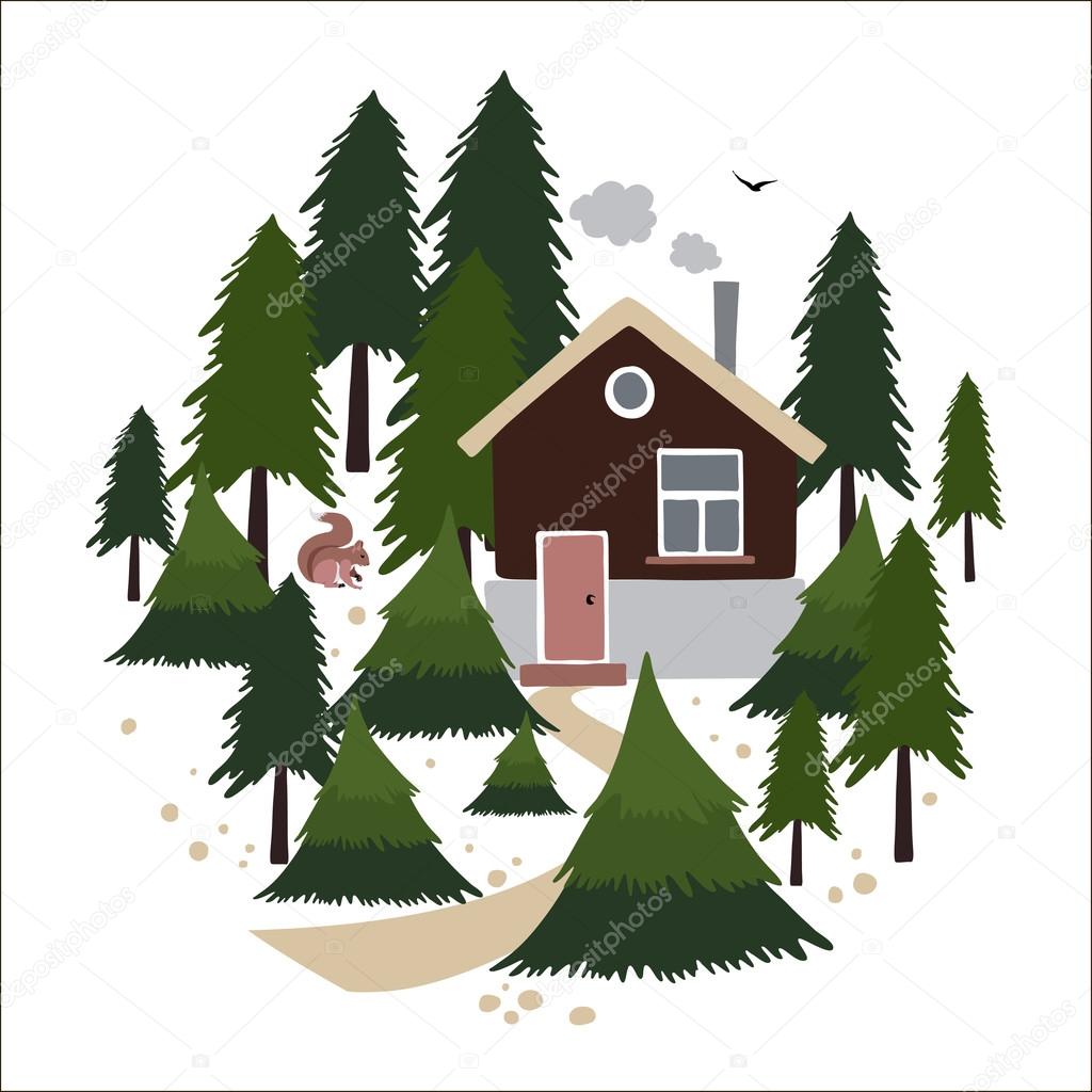 Wooden house with a chimney in the coniferous forest. Small house of the forester or hunter. To the house leads a path. In the forest lives squirrel. Objects are arranged in a circle. Vector illustration in cartoon style.