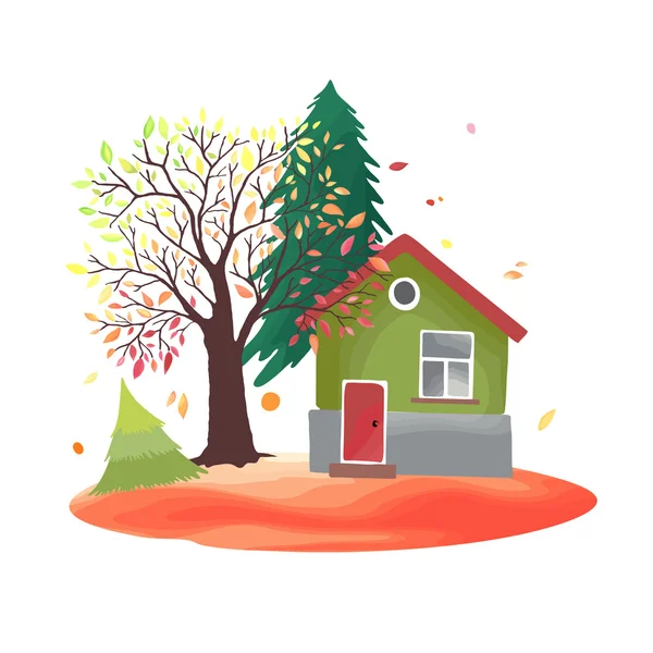 Rustikální dům s sezónní stromy — Stockový vektor
