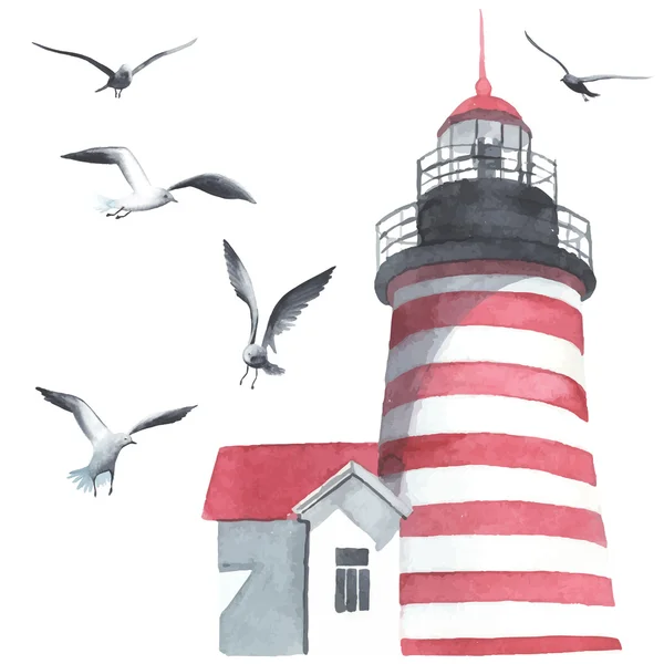 Phare aquarelle et mouettes — Image vectorielle