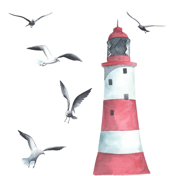 Farol aquarela e gaivotas —  Vetores de Stock