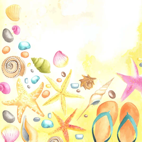 Shells and starfishes on sand background — Stock Vector