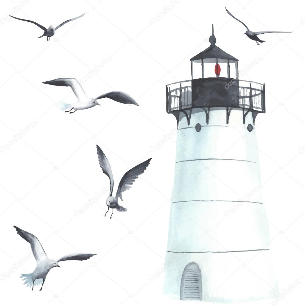 Watercolor lighthouse and seagulls