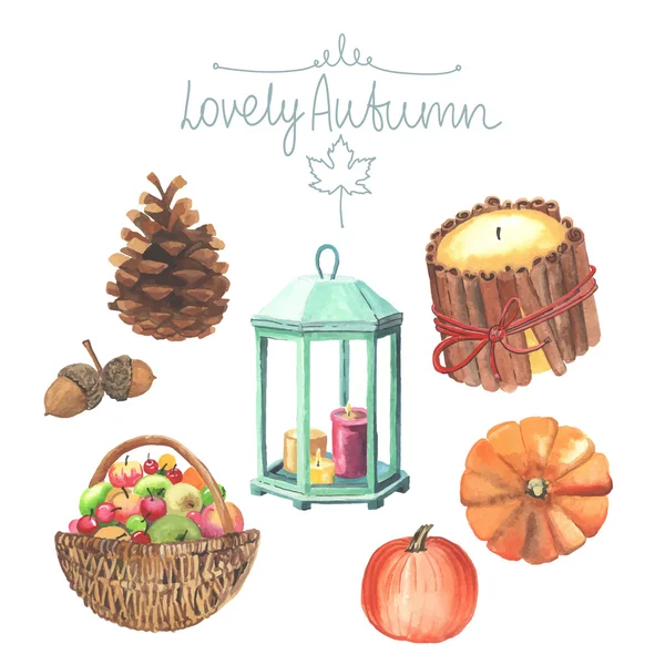 Conjunto de elementos de otoño lindo acuarela . — Vector de stock