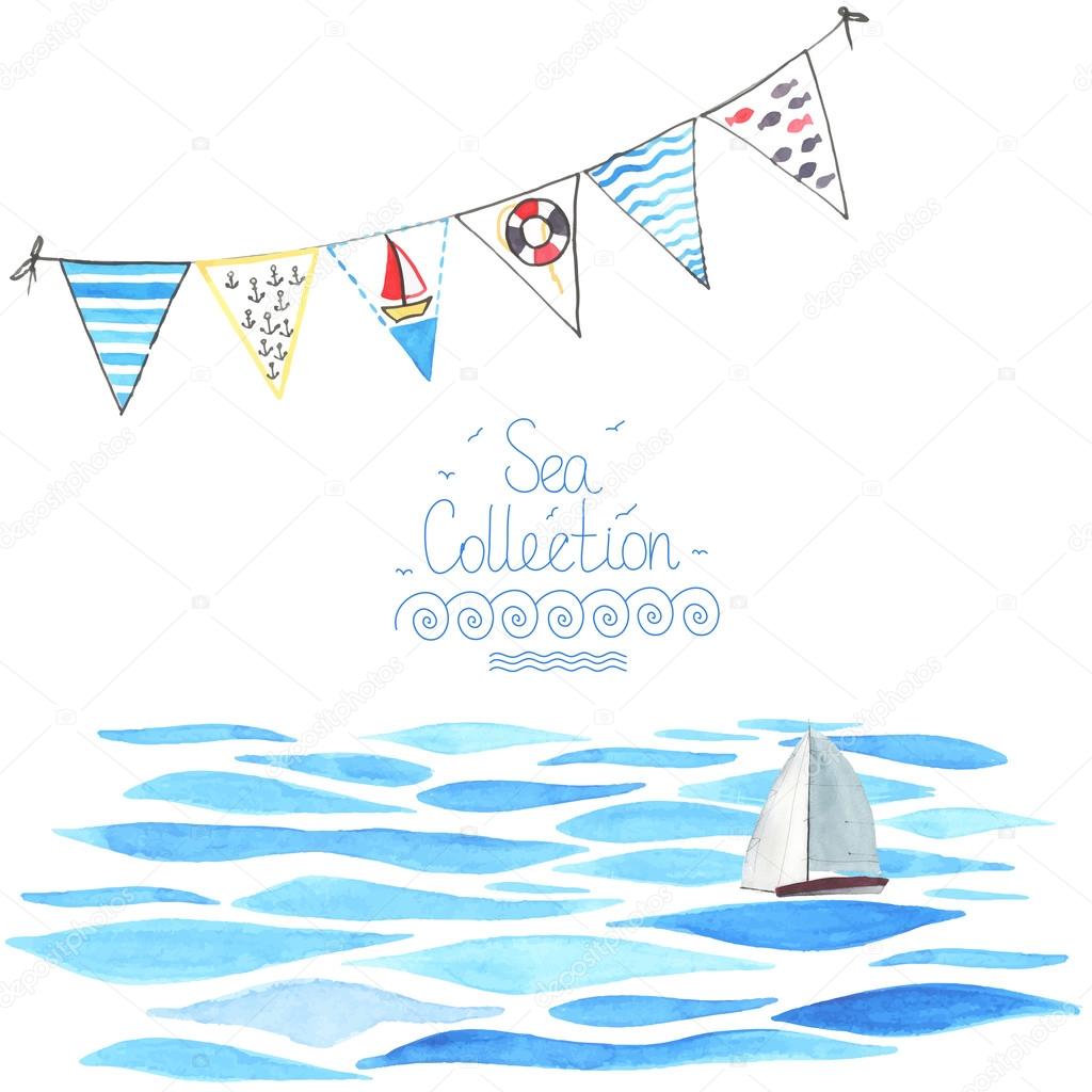 Sea background with sailboat and garland.