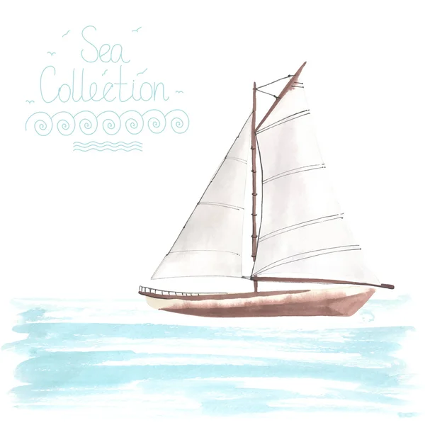 Bateau aquarelle avec voiles — Image vectorielle