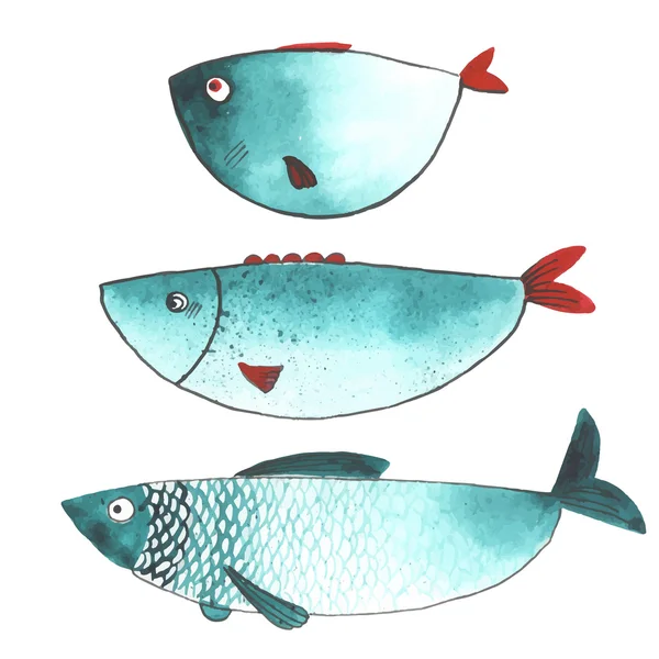 Акварельные забавные рыбы — стоковый вектор