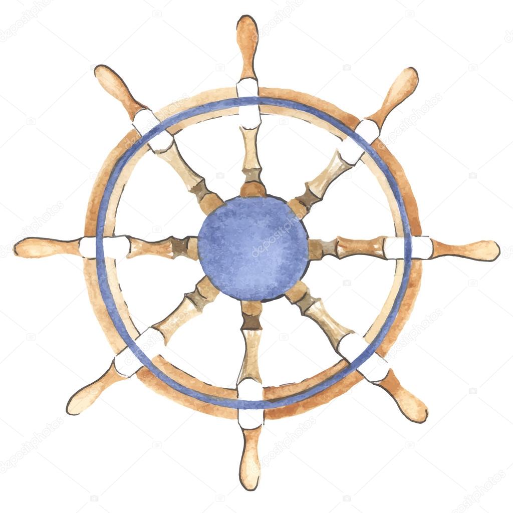 Watercolor ship steering wheel