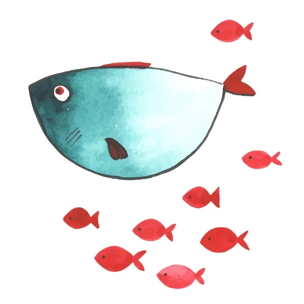 Watercolor funny fishes — Stock Vector