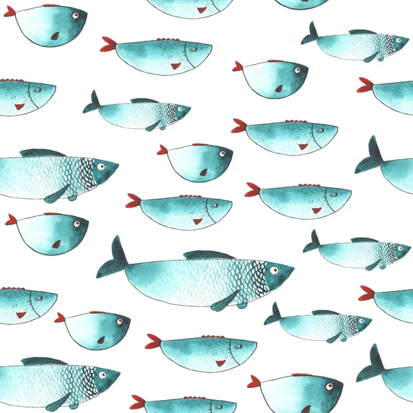Pattern with Watercolor funny fishes — Stock Vector