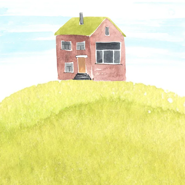 Watercolor illustration with old house on a grass — Stock Photo, Image