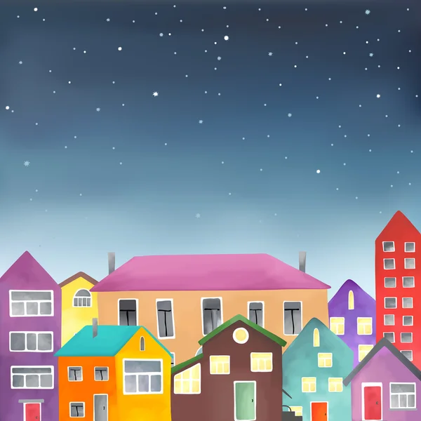 不同的房子，在满天星斗的天空背景上 — 图库矢量图片