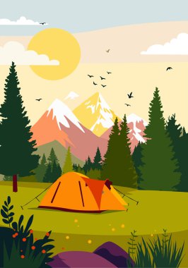 Çam ağaçlarının yanında çimenli bir tarlaya kurulmuş turuncu bir çadır ve güneş doğarken arka planda görkemli karlı dağlar var. Gökyüzünde uçan kuşlar, kır çiçekleri ve parlak sabah güneşi barışçıl ve maceraperest bir kamp ortamı yaratır..
