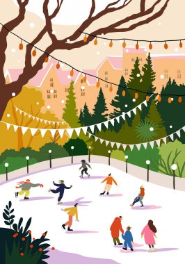 Gün batımında ağaçlar ve eski kasaba binaları ile çevrili, festival ışıkları, çelenkler ve kar yağan bir şehir parkındaki buz pateni pistinde buz pateni yapan insanların renkli düz stil çizimi. Ailelerle neşeli bir tatil sezonu sahnesi.