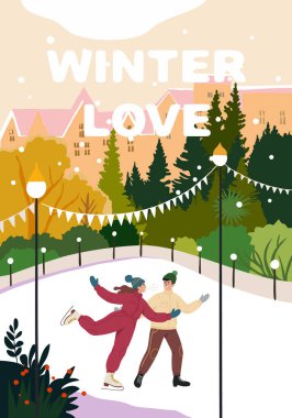 Gün batımında ağaçlar ve eski kasaba binaları tarafından çevrelenmiş şenlikli ışıklar, çelenkler ve kar yağan şehir parkında buz pateni yapan genç bir çiftin renkli düz stil çizimi. Romantik açık hava tatil sezonu