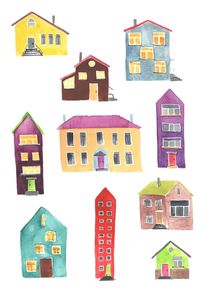 Soubor různých akvarel domů — Stock fotografie