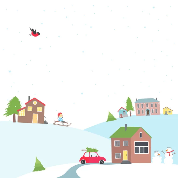 Tarjeta con vistas al pueblo cubierto de nieve — Vector de stock