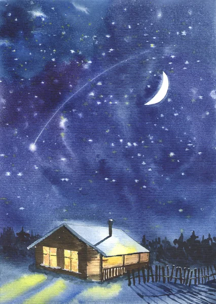 Starry sky and a cabin in the woods — Stock Photo, Image