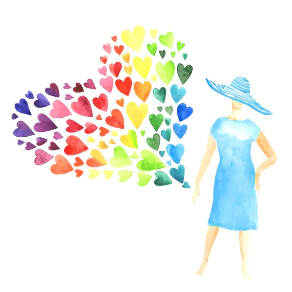 Kvinna med en hel del färgglada hjärtan — Stock vektor