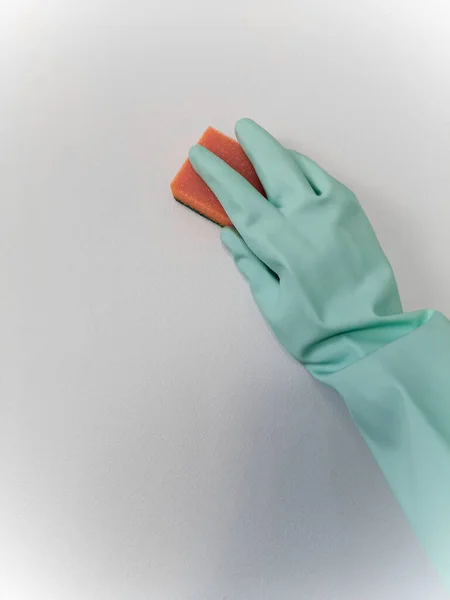 Cleaning Disinfection Woman Blue Glove Holds Orange Sponge Washes Light — Stock Photo, Image