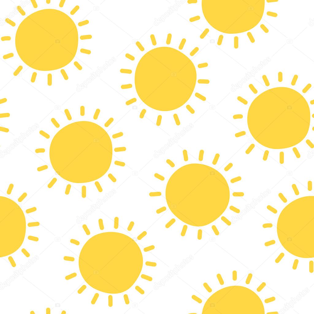 Sun pattern. Seamless pattern with cute cartoon yellow shiny suns. Funny vector print sun for kids textile design, wrapping paper, surface, wallpaper, background. Simple summer vector illustration.