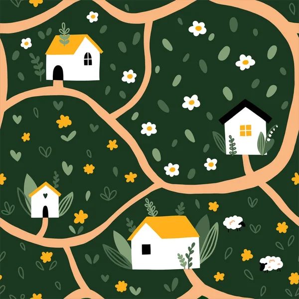 Nahtloses Muster Mit Schönen Häusern Und Waldwegen Verschiedene Weiße Häuser — Stockvektor
