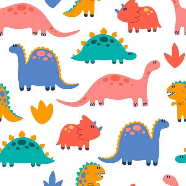 Dino pattern. Seamless pattern with various cartoon dinosaurs. Cute dinosaur illustration. Hand drawn bright colored trendy Vector illustration. Funny characters. Cartoon style.