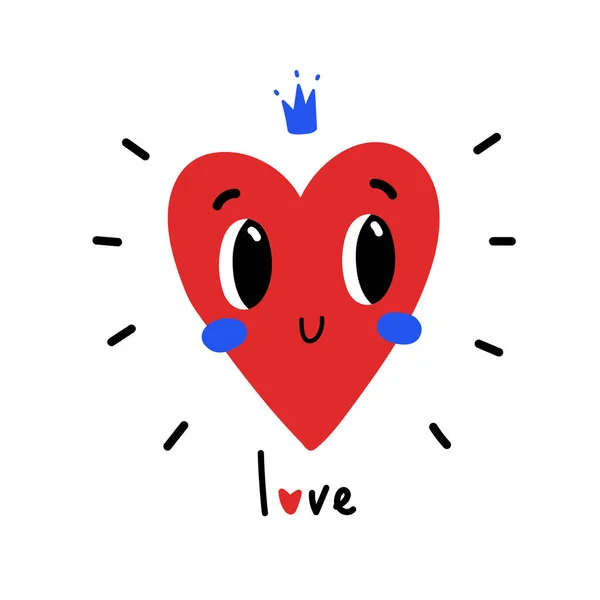 Cute Red Heart Blue Crown Happy Valentine Day Hand Drawn — Stock Vector