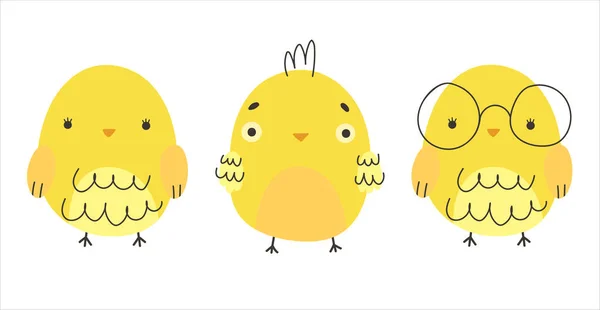 黄色の鶏 白い背景に隔離されたかわいい漫画黄色の鶏 子供漫画のベクトルイラスト 黄色の三つの鶏 — ストックベクタ