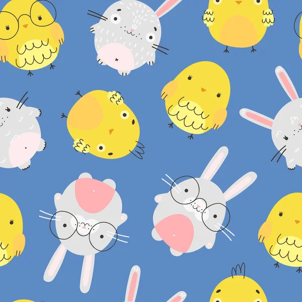 Seamless pattern with little chickens and rabbits. Seamless pattern with cartoon bunnies and cute chicks on the blue background.  Adorable chickens and rabbits wearing glasses. Vector illustration in flat style for wrapping paper, wallpaper.