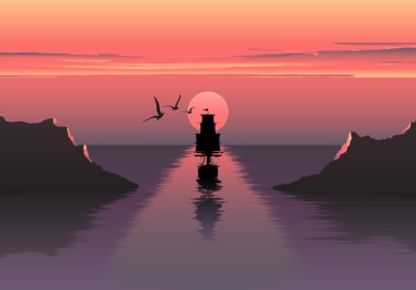 Vector horizontal illustration of sunset over the sea and ship. beautiful sunrise at the sea. the ship embarks on a journey. Sea birds.