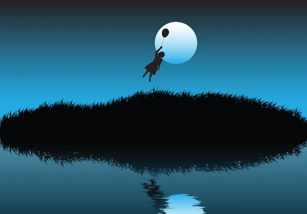 Vector horizontal illustration of girl with balloon. Little girl on a background of the moon. flying child. a little girl is flying over the lawn. magical and mysterious background. — Stockvector