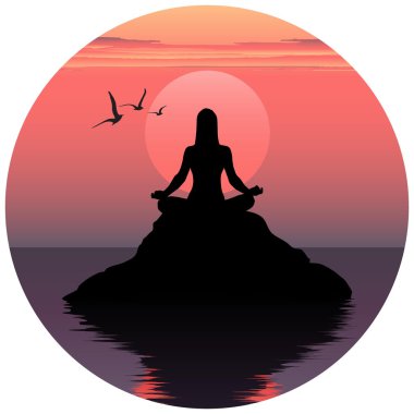 meditasyon kadının illüstrasyon vektör. kadın günbatımında rahatlatıcı. Kız gündoğumu bir arka plan üzerinde.