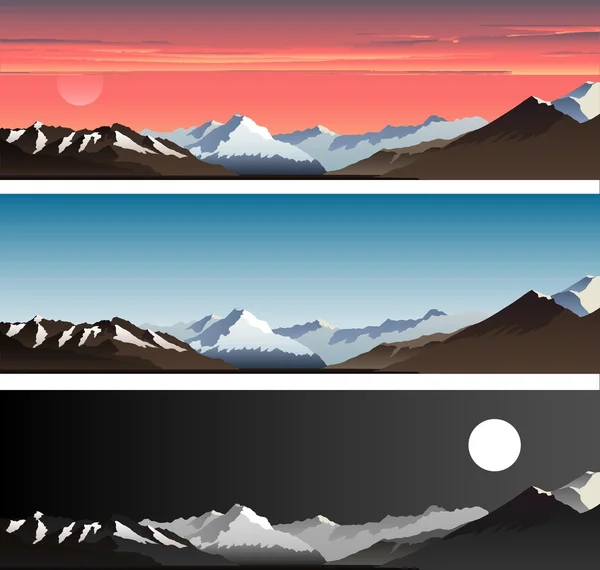 Définir des bannières horizontales de paysage de montagnes. Lever de soleil dans les montagnes. Coucher de soleil dans les montagnes. Nuit dans les montagnes. Des montagnes quotidiennes. Bannières publicitaires . — Image vectorielle