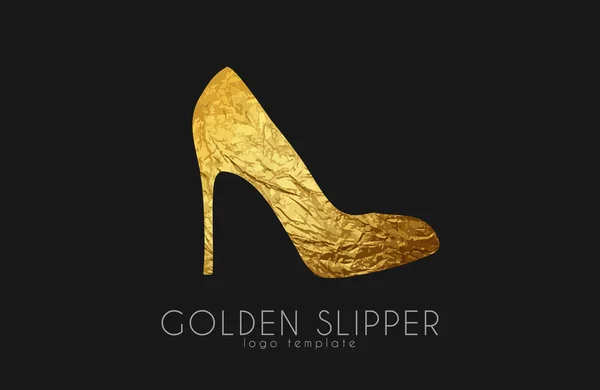 황금 슬리퍼입니다. 공주 구두입니다. 우아한 슬리퍼 로고 디자인입니다. 패션 로고 — 스톡 벡터