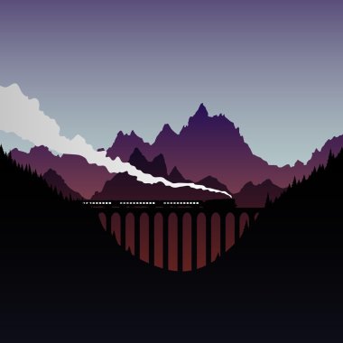 Vector illustration of train rides on the bridge in mountains Train in mountains. Night mountains and train logo. locomotive and clipart