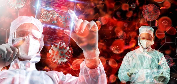 Forskare Skyddsdräkt Och Skyddsmasker Omgivna Virus Och Med Hologramteknik Royaltyfria Stockfoton
