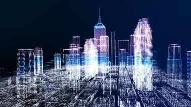 Neon ışıkları gökdelenler ve binalar, aydınlatılmış şehir 3D illüstrasyon