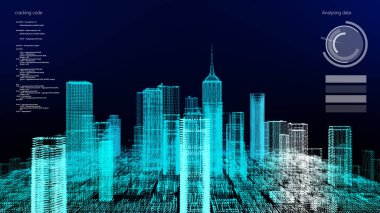 Neon ışıkları gökdelenler ve binalar, aydınlatılmış şehir 3D illüstrasyon