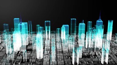 Neon ışıkları gökdelenler ve binalar, aydınlatılmış şehir 3D illüstrasyon