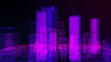 Neon ışıkları gökdelenler ve binalar, aydınlatılmış şehir 3D illüstrasyon