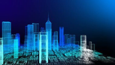 Neon ışıkları gökdelenler ve binalar, aydınlatılmış şehir 3D illüstrasyon